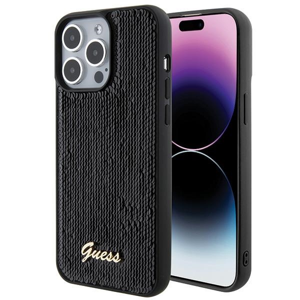 Guess Suojakuori iPhone 15 Pro Max 6,7:lle GUHCP15XPSFDGSK musta HC Sequin Script Metal