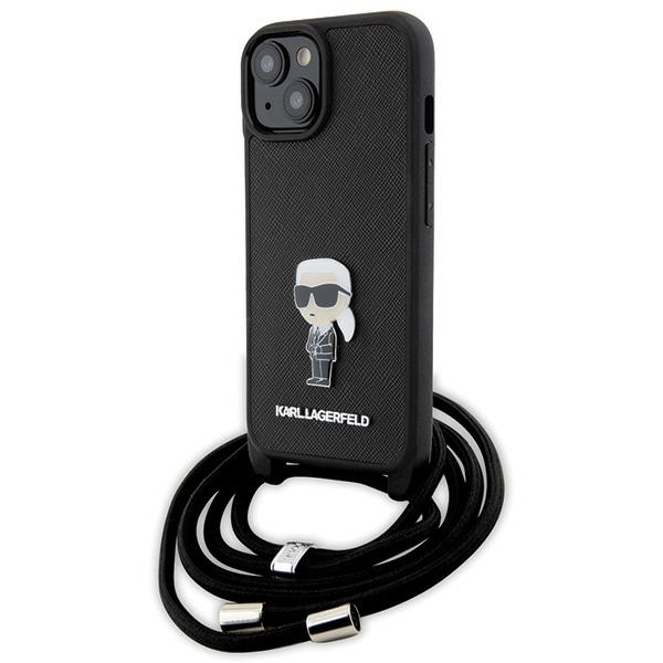 Karl Lagerfeld Suojakuori iPhone 15 6,1 KLHCP15SSASKNPSK musta HC Saffiano Ikonik Metal Pin Monogram Crossbody