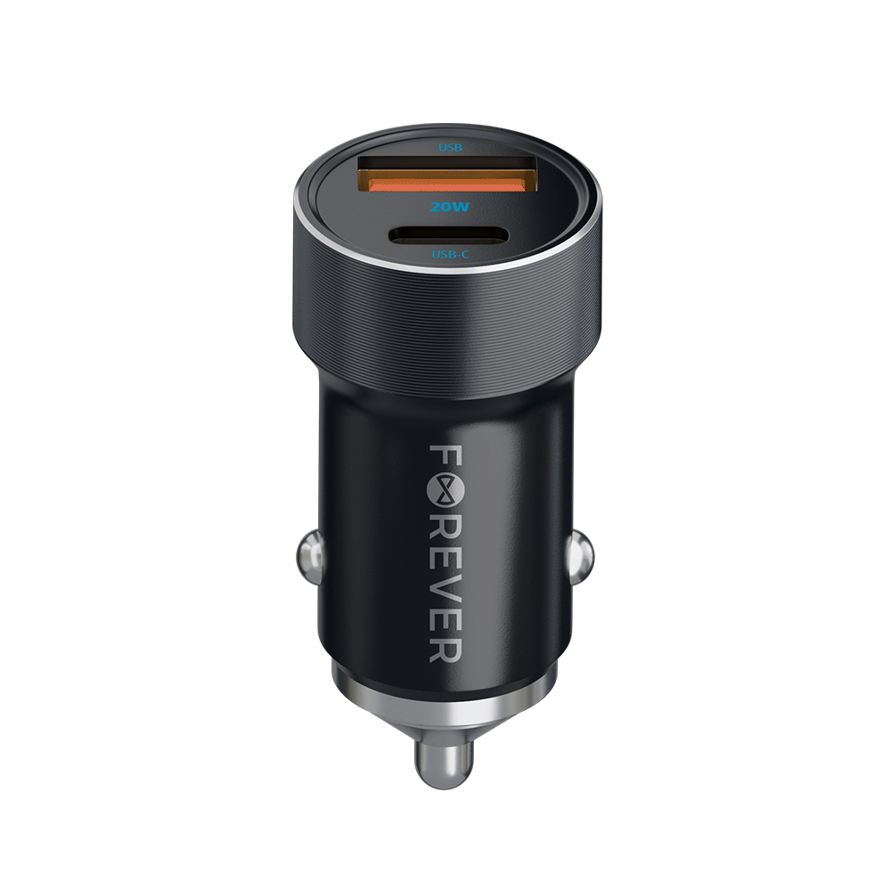 Forever CC-06 PD QC autolaturi 1x USB-C 1x USB 20W musta + USB-C - USB-C -kaapeli 60W
