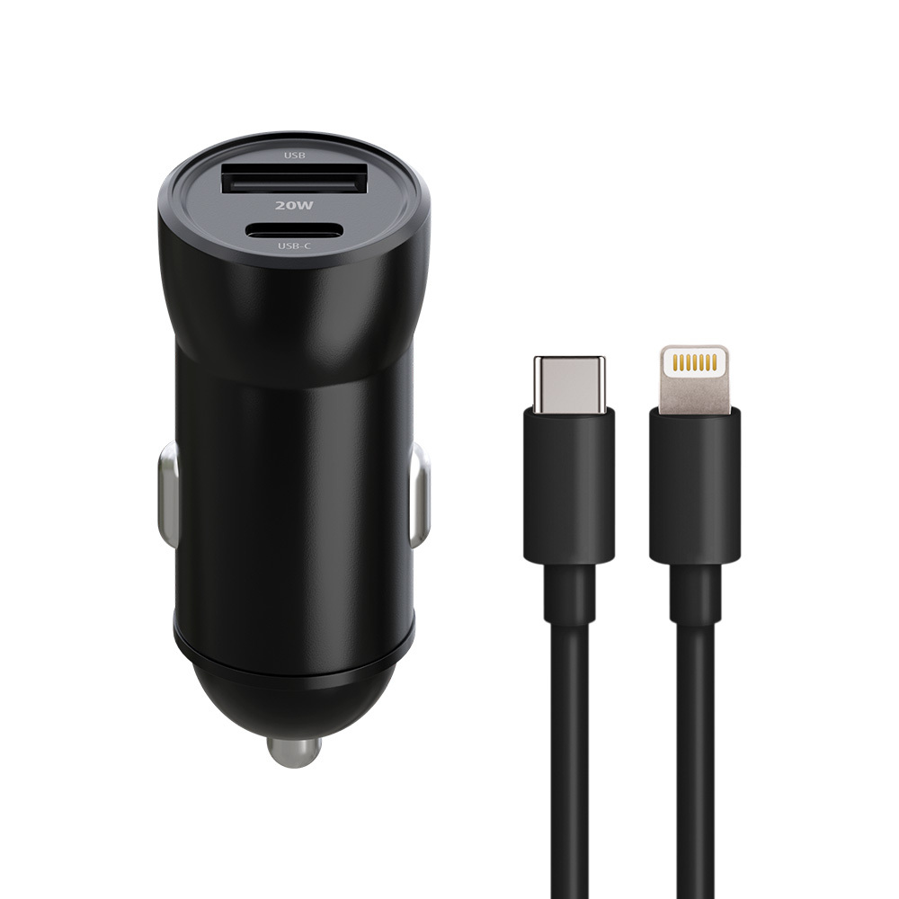 Maxlife MXCC-04 PD QC autolaturi 1x USB-C 1x USB 20W musta + USB-C - Lightning -kaapeli 27W