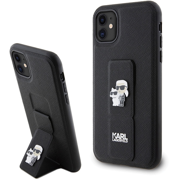 Karl Lagerfeld KLHCN61GSAKCPK HC Gripstand Saffiano KC Pins -suojakuori iPhone 11:lle - musta