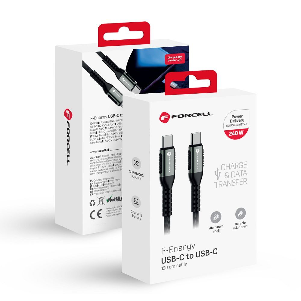 Kaapeli USB C - USB C Forcell F-Energy QC4.0 PD 5A 240W Cafule 1,2 m C263 musta