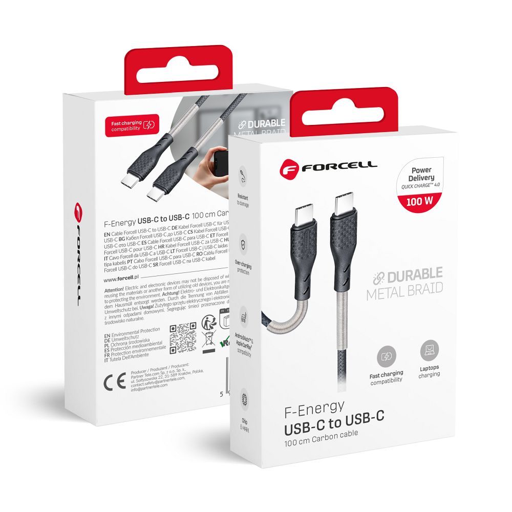 Forcell F-Energy QC4.0 PD 5A 100W Carbon kaapeli USB-C - USB-C 1 m CB-04C musta