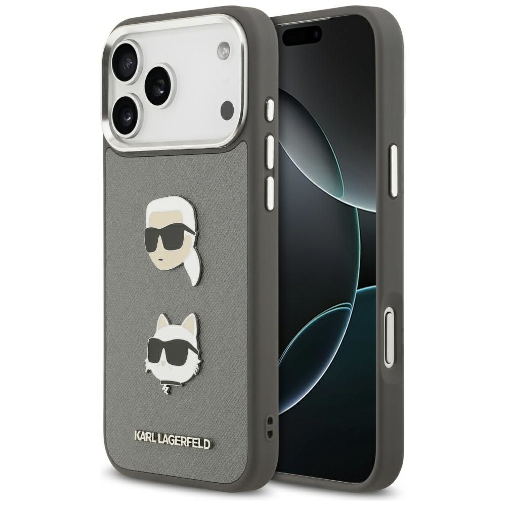Karl Lagerfeld FW Grained Karl & Choupette Heads Pins & Logo -suojakuori iPhone 17 Pro Max - harmaa