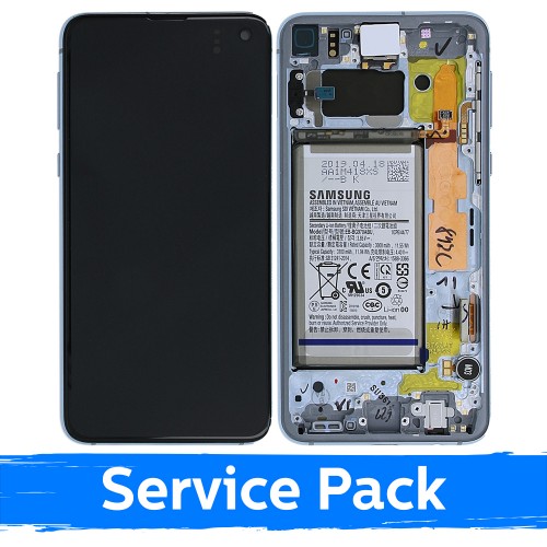 LCD-näyttö Samsung G970 S10e -laitteelle kehyksellä / Prism Blue / (Service Pack) + akku mukana