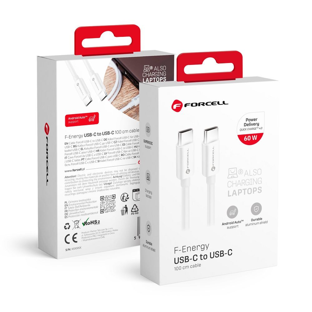 Kaapeli USB C - USB C Forcell F-Energy QC4.0 PD 3A 60W 1 m C338 valkoinen