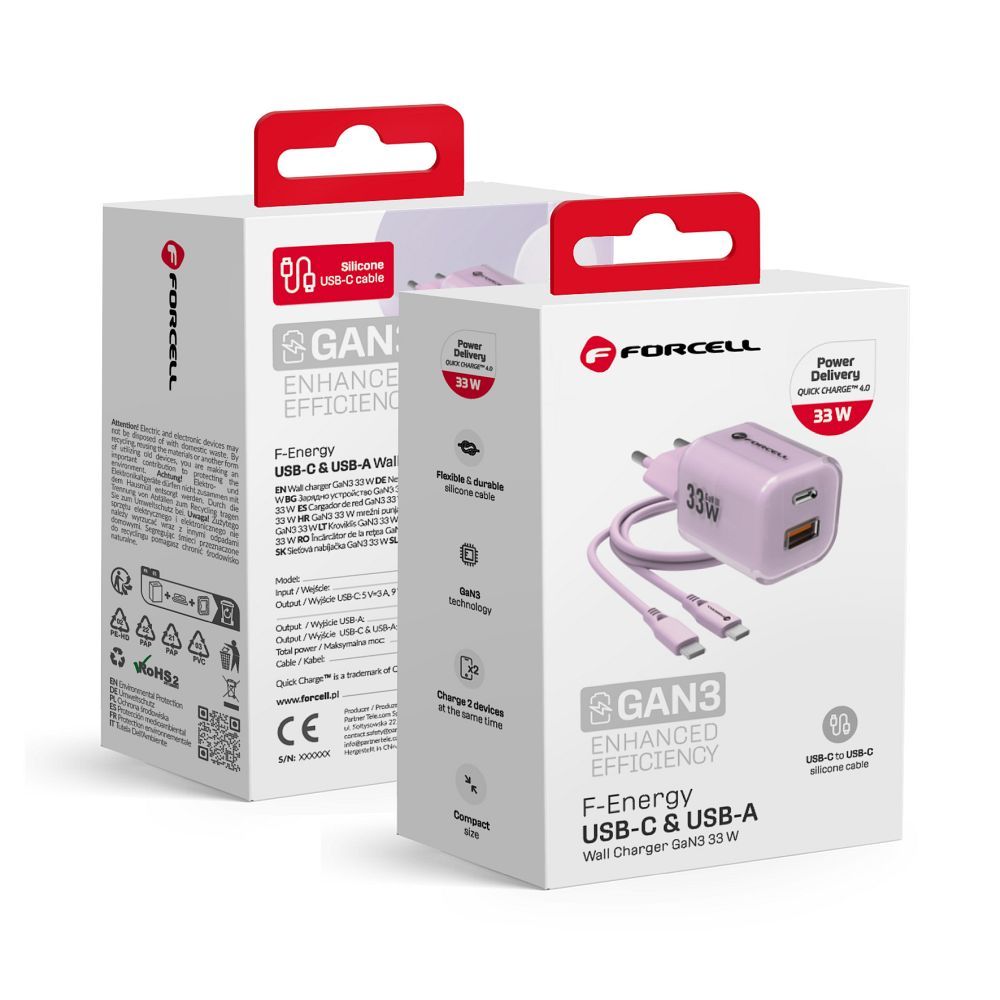 Phone charger Forcell F-Energy GaN III Crystal Color USB C + USB A QC4.0 PD 33W + silicone cable USB C to USB C VT-41 purple 0INT