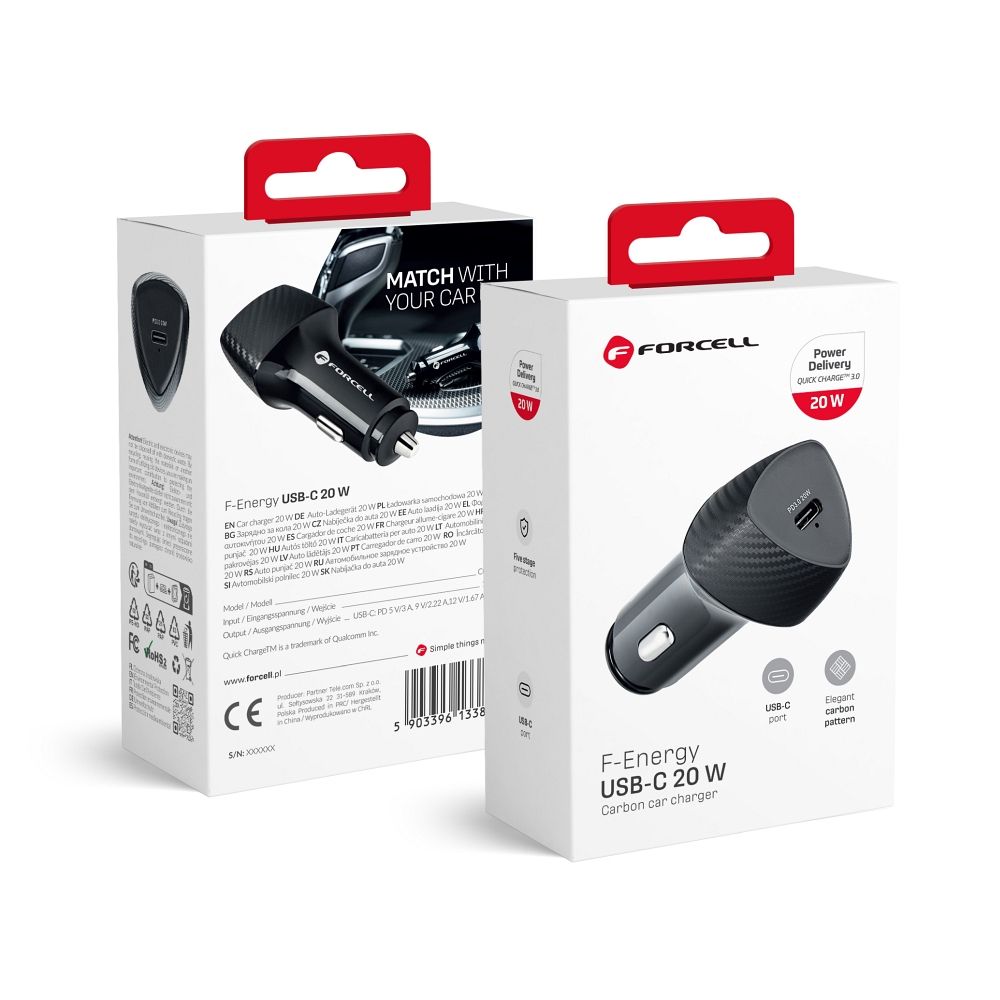 Autolaturi Forcell F-Energy Carbon USB C QC3.0 PD 3A 20W CC50-1C musta
