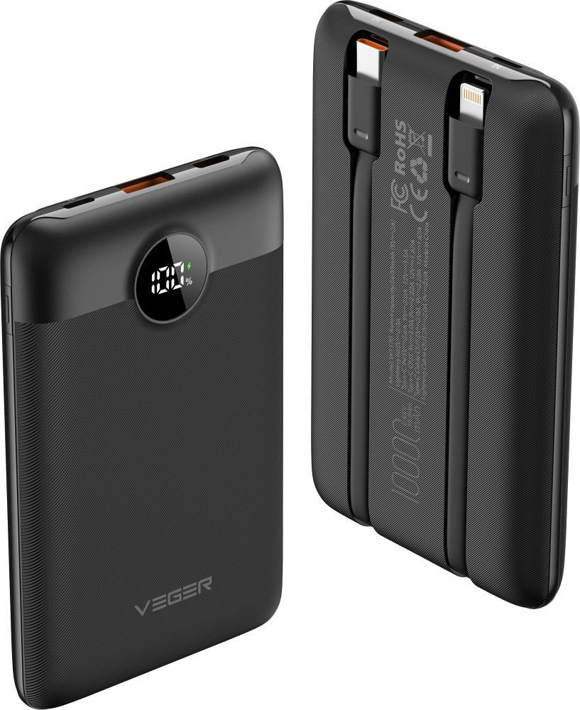 Ulkoinen akku Veger C11 (W1170) PD QC3.0 2A 22,5W 10000 mAh sisäänrakennetuilla USB C -kaapeleilla / Lightning musta