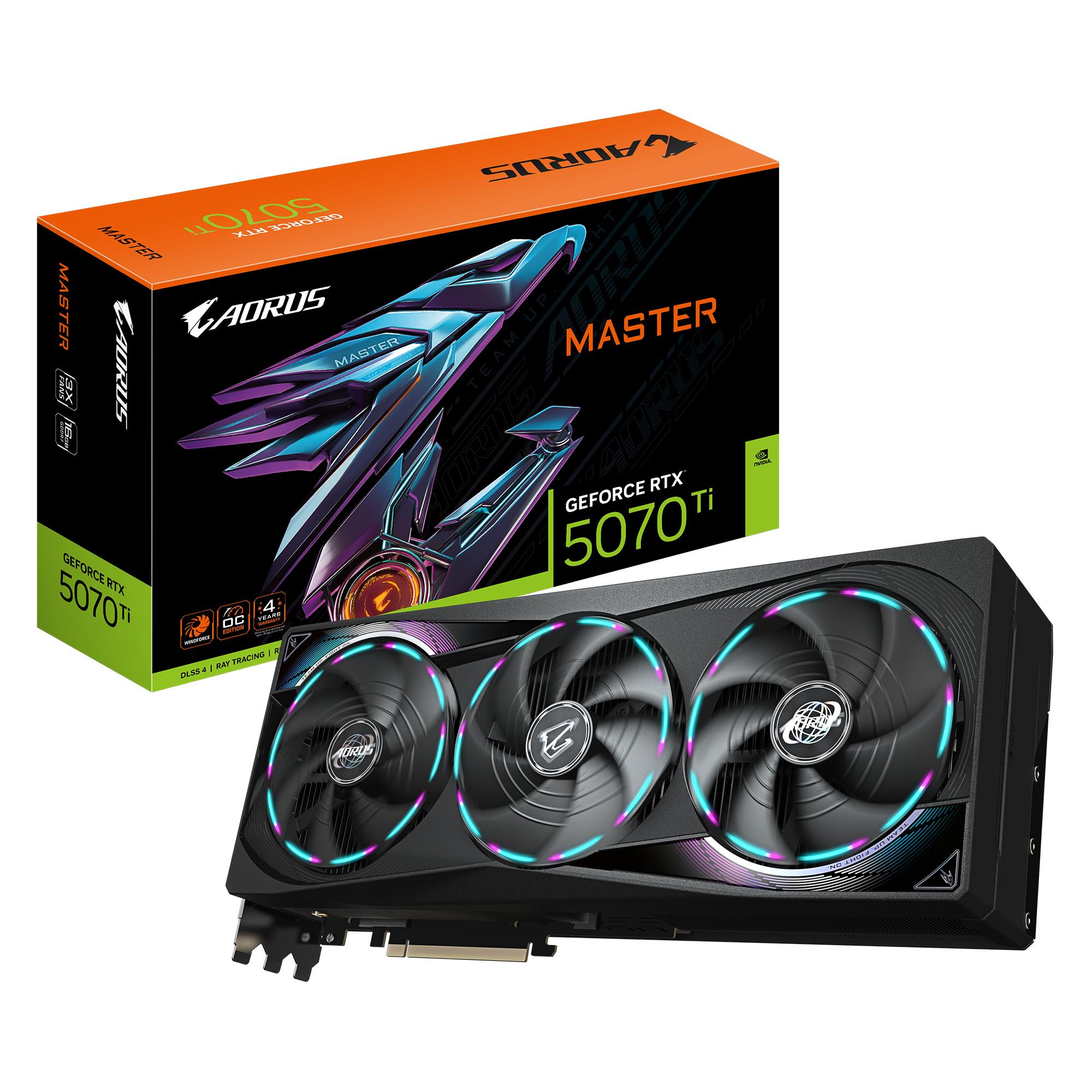 Gigabyte NVIDIA GeForce RTX 5070 Ti -näytönohjain, 16 GB GDDR7, 256 bittiä, PCIe 5.0 16x, GPU 2670 MHz, dual slot -tuuletinjäähdytys, 1 x HDMI, 3 x DisplayPort, GV-N507TAORUSM-16GD