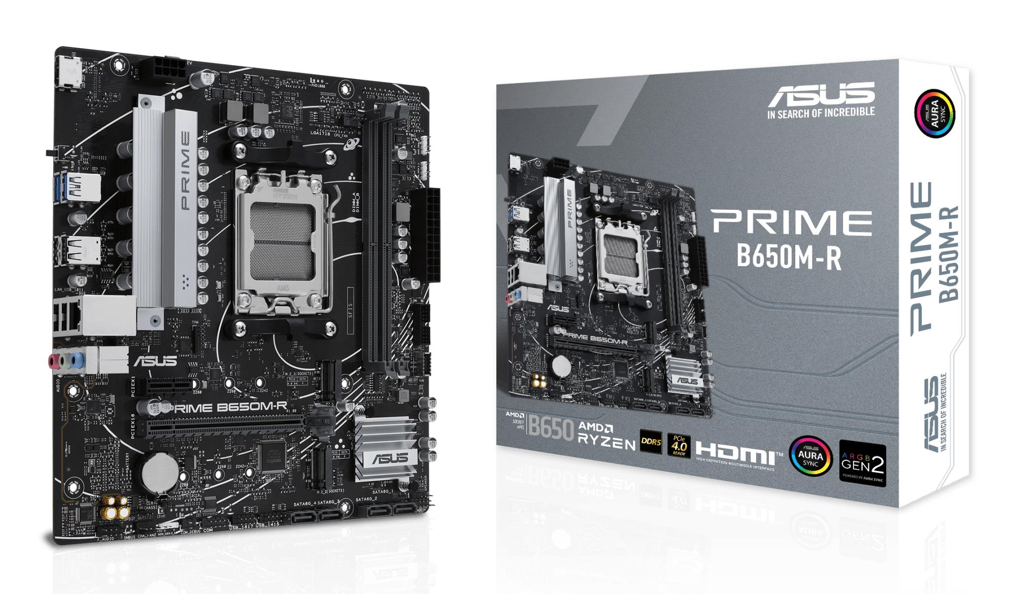Emolevy Asus AMD B650 SAM5 Micro-ATX DDR5 2 muistipaikkaa 1xPCIe 4.0 1x 2xPCIe 4.0 16x 2xM.2 1xHDMI 4xUSB 2.0 2xUSB 3.2 1xRJ45 3xäänilähtö PRIME B650M-R