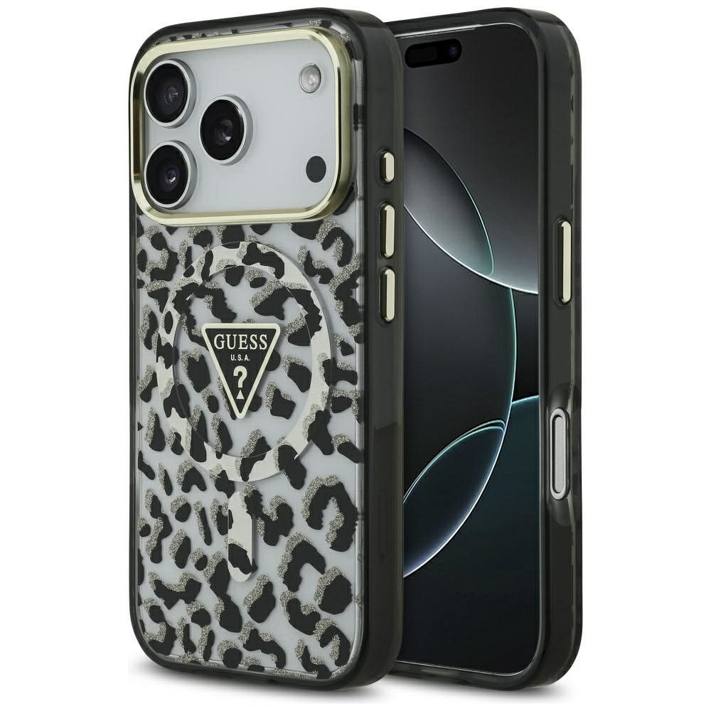 Guess Leopard Glitter MagSafe -kuori iPhone 17 Pro musta