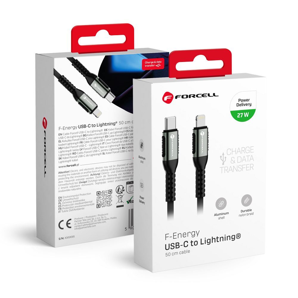 Kaapeli USB C - Lightning Forcell F-Energy PD 3A 27W Cafule 0,5m C259 musta