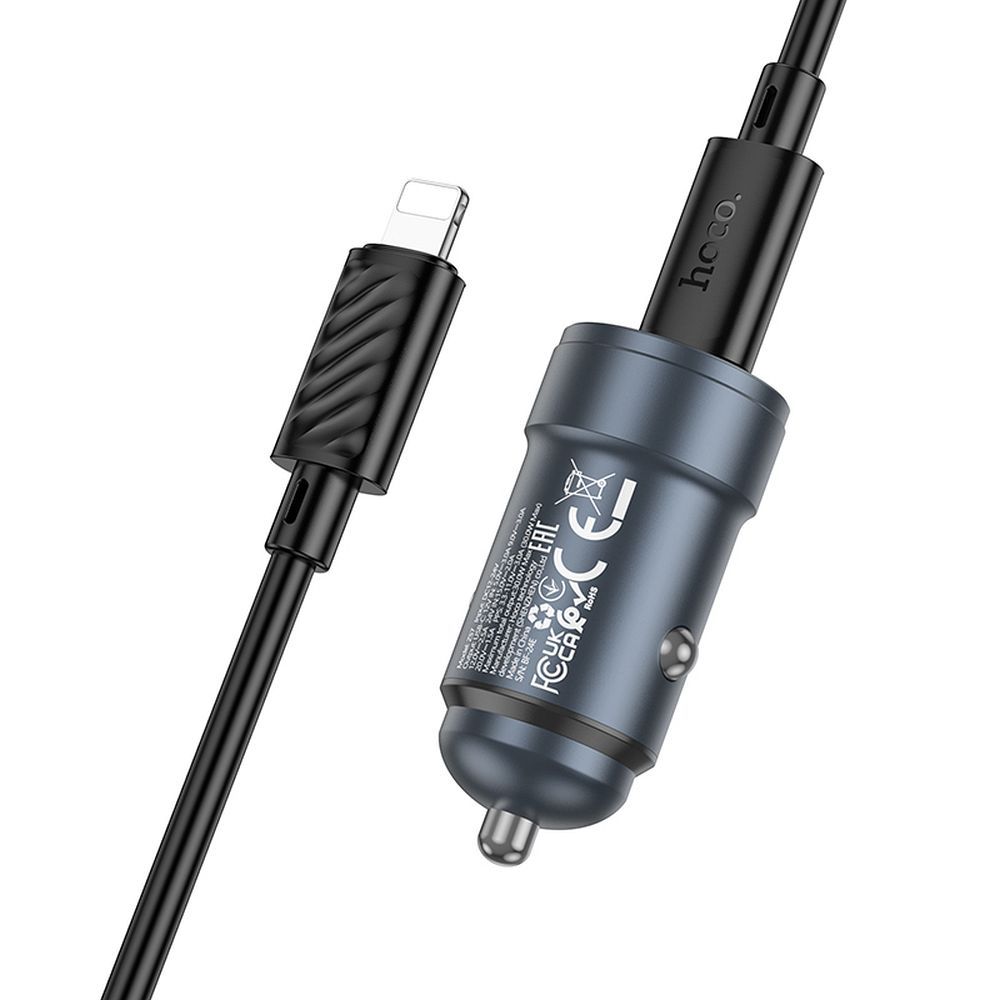 Autolaturi Hoco USB-C QC3.0 PD 30W + USB-C - Lightning -kaapeli Z57 metallinen harmaa