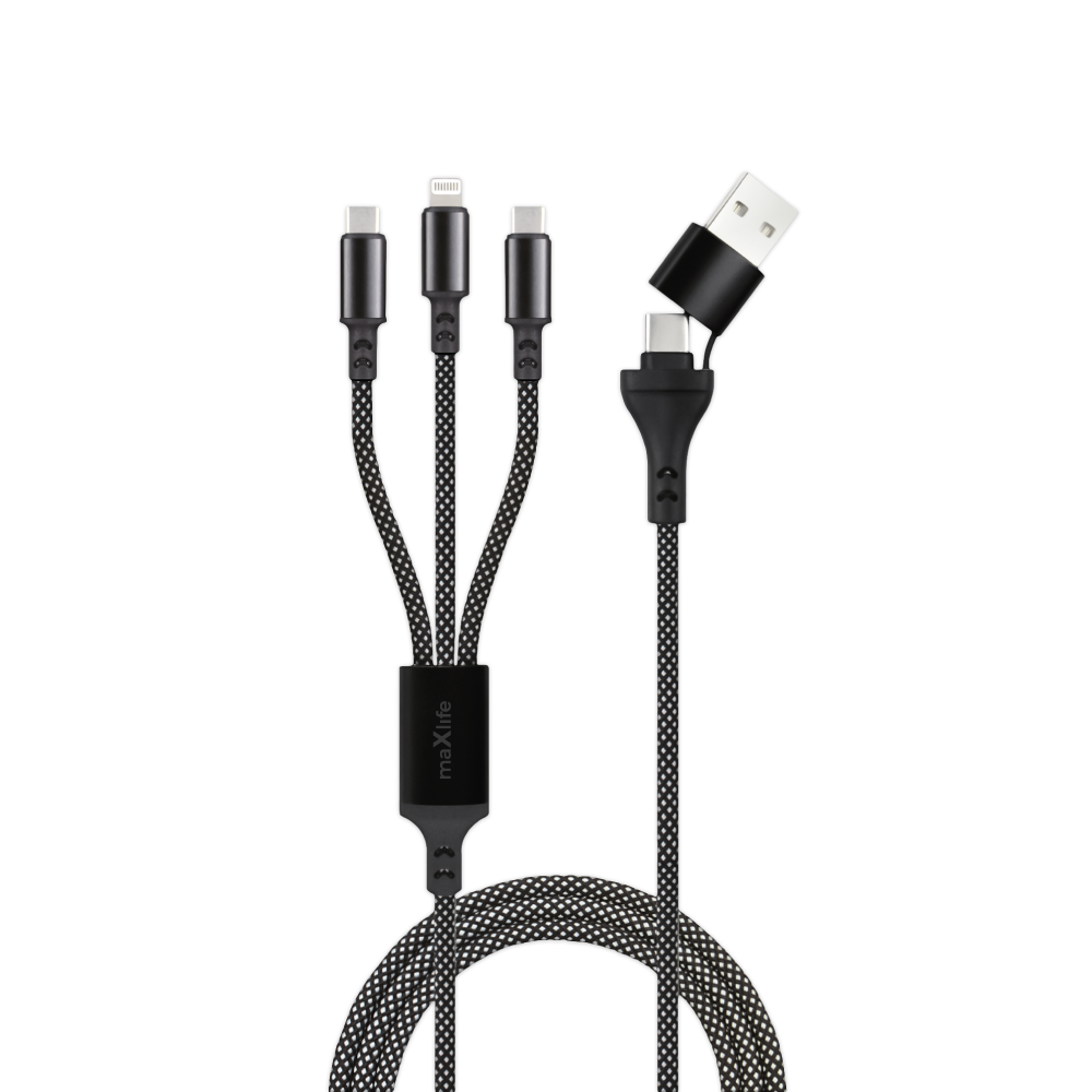 Maxlife ALLin1 kaapeli USB + USB-C - Lightning + 2x USB-C 1,0 m 66W musta
