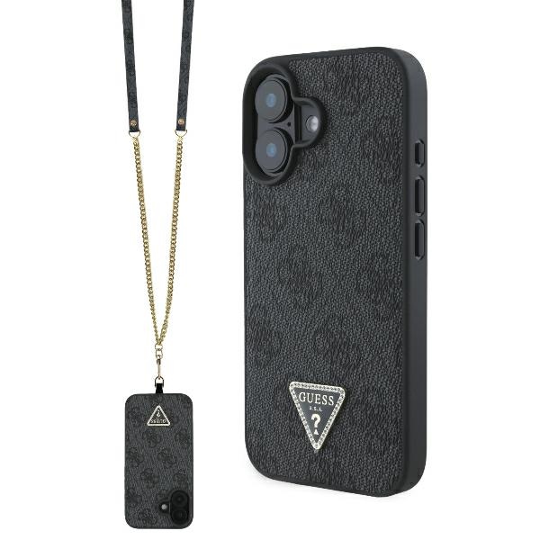 Guess Suojakuori iPhone 16 6,1 GUHCP16SP4TDSCPK nahkainen Metal Logo Strass Crossbody musta