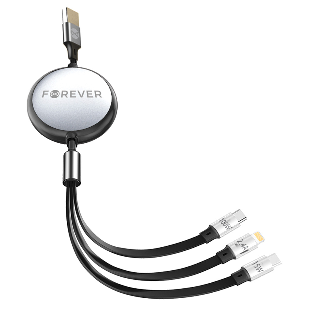 Forever 3in1 kaapeli USB - Lightning + 2x USB-C 1,2 m 100W musta