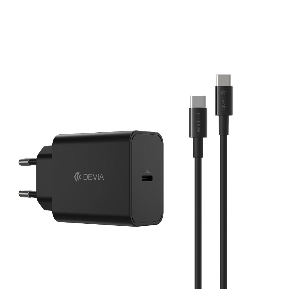 Devia Seinälaturi Rocket PD 45W 1x USB-C Valkoinen + Kaapeli USB-C - USB-C