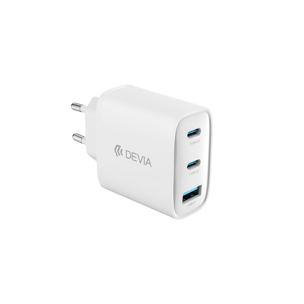 Devia Extreme PD GaN 65W Seinälaturi 2x USB-C 1x USB valkoinen + USB-C - USB-C kannettavan tietokoneen kaapeli