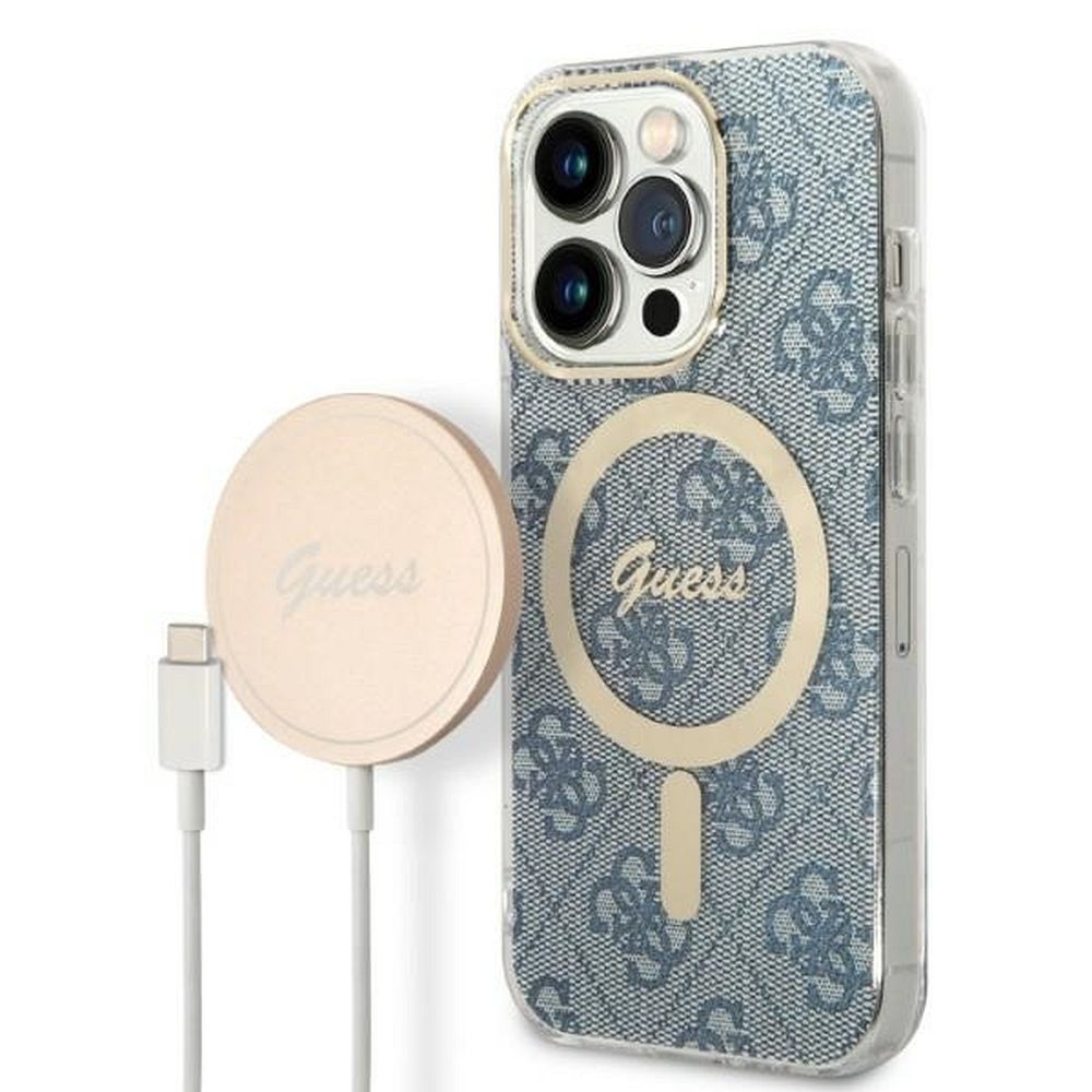 GUESS set iPhone 14 Pro:lle yhteensopiva MagSafe:n kanssa GUBPP14LH4EACSB (Bundle Pack / suojakuori + laturi / 4G) kultainen sininen