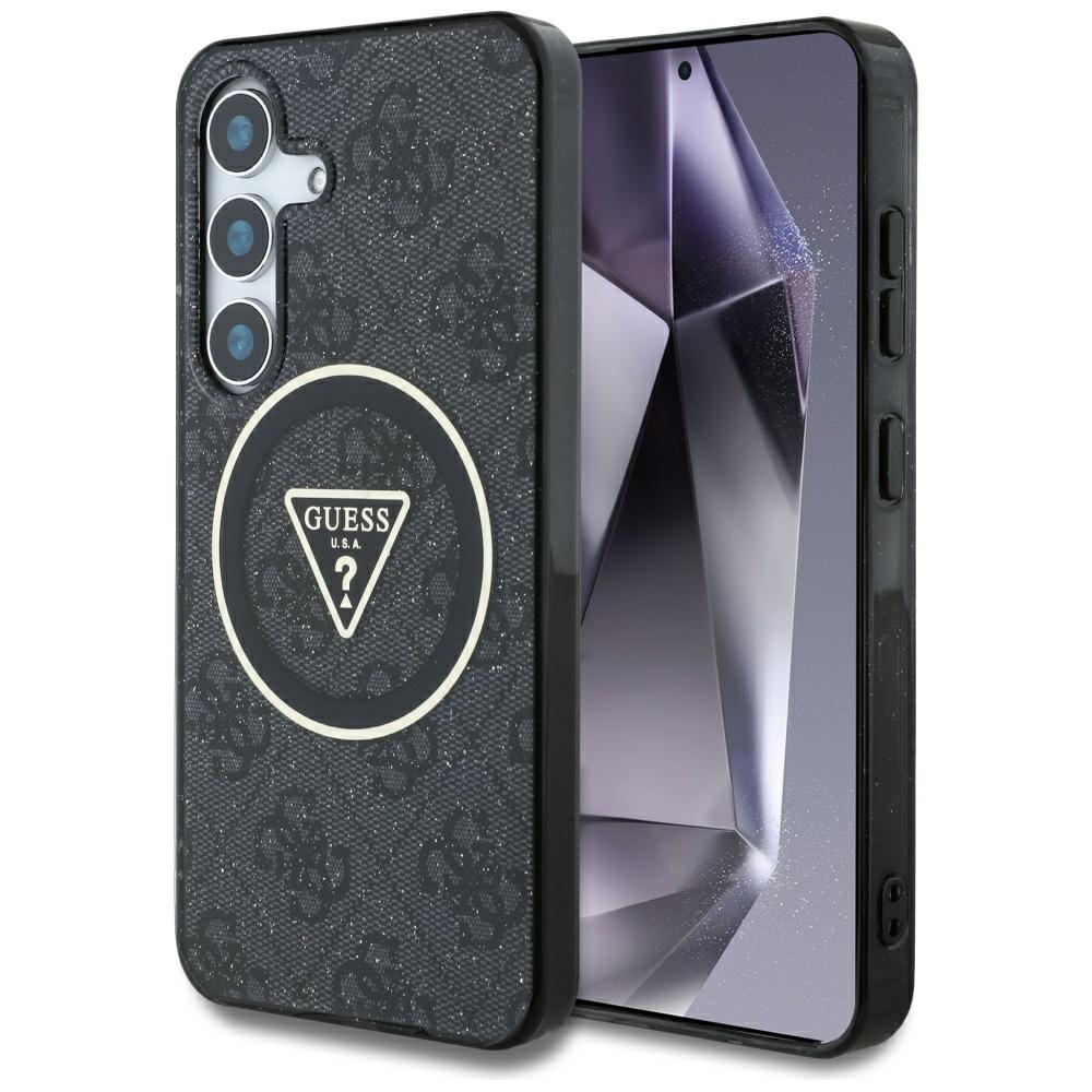 Guess HC Magneettinen IML Metal Glitter 4G Circle Triangle Suojakuori Samsung Galaxy S25:lle musta