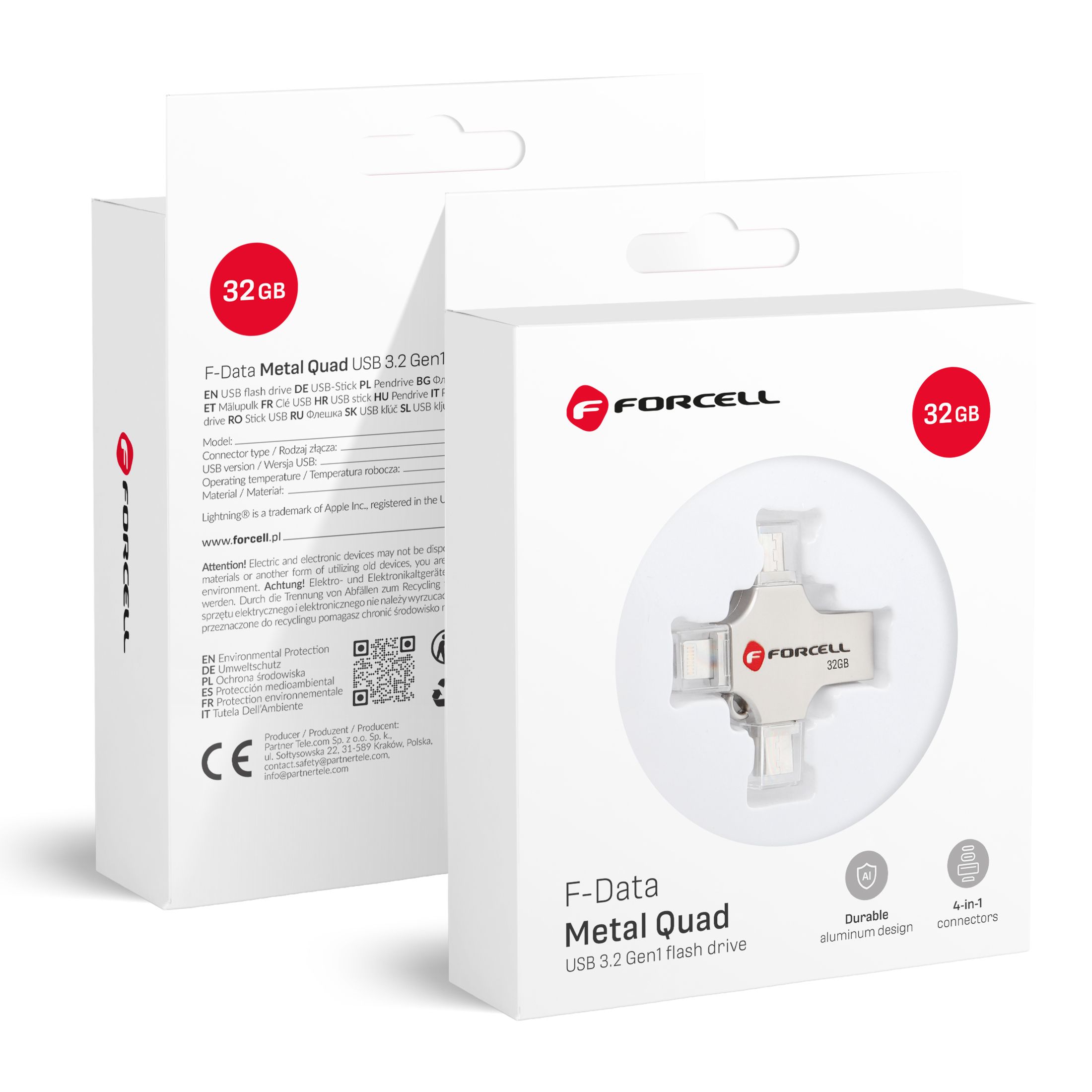 Muistitikku 32GB USB 3.2 Gen 1 (USB A / USB C / Lightning / Micro USB) Forcell F-Data Metal Quad hopeinen
