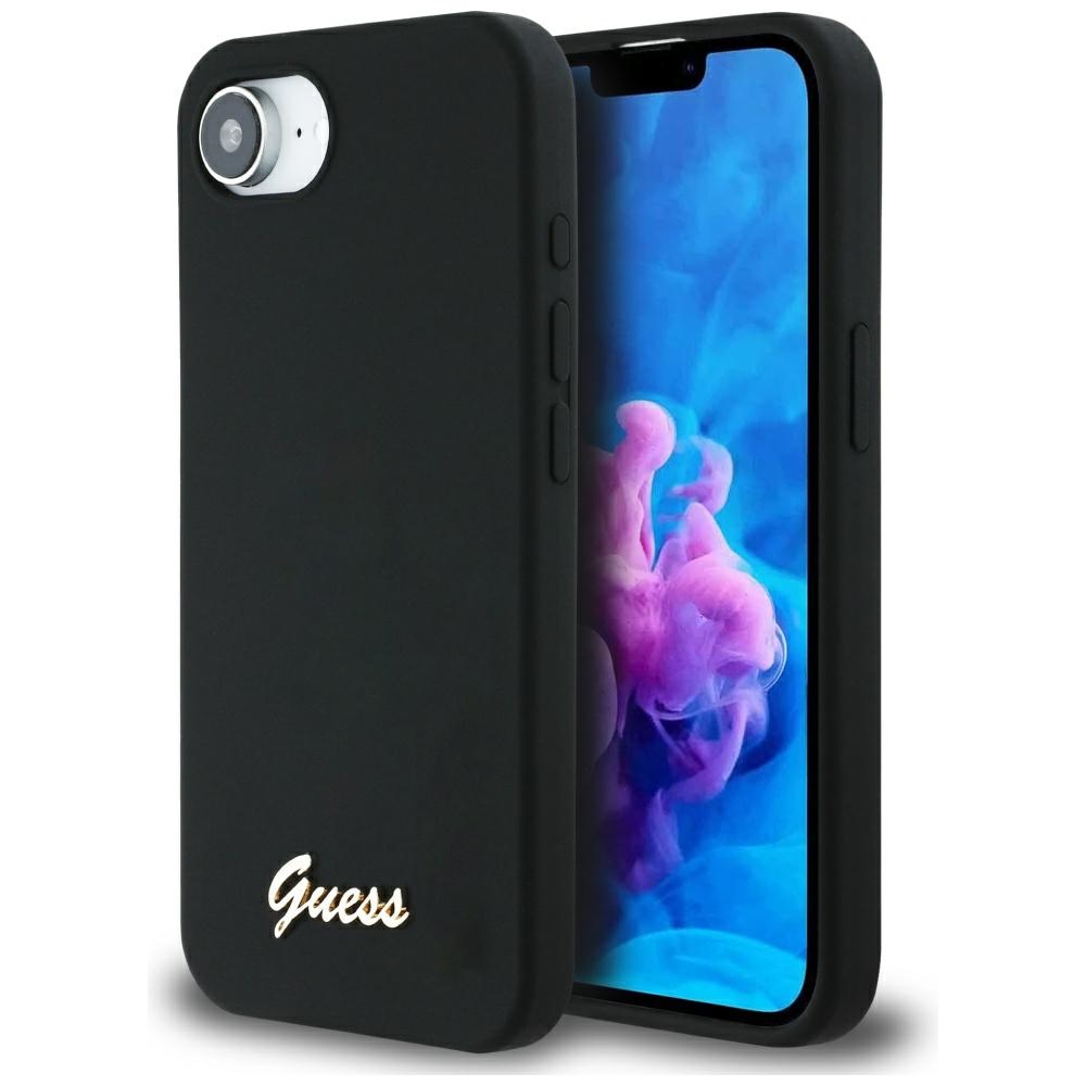 Guess HC Silikoninen Script Metal Logo Suojakuori iPhone 16e:lle - Musta