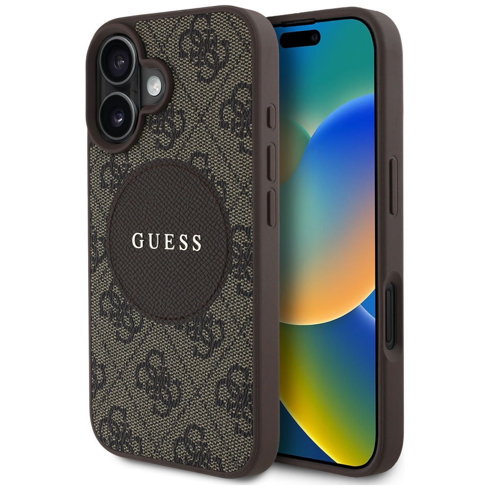 Guess HC MagSafe PU 4G Circle Classic Logo Suojakuori iPhone 16:lle - ruskea