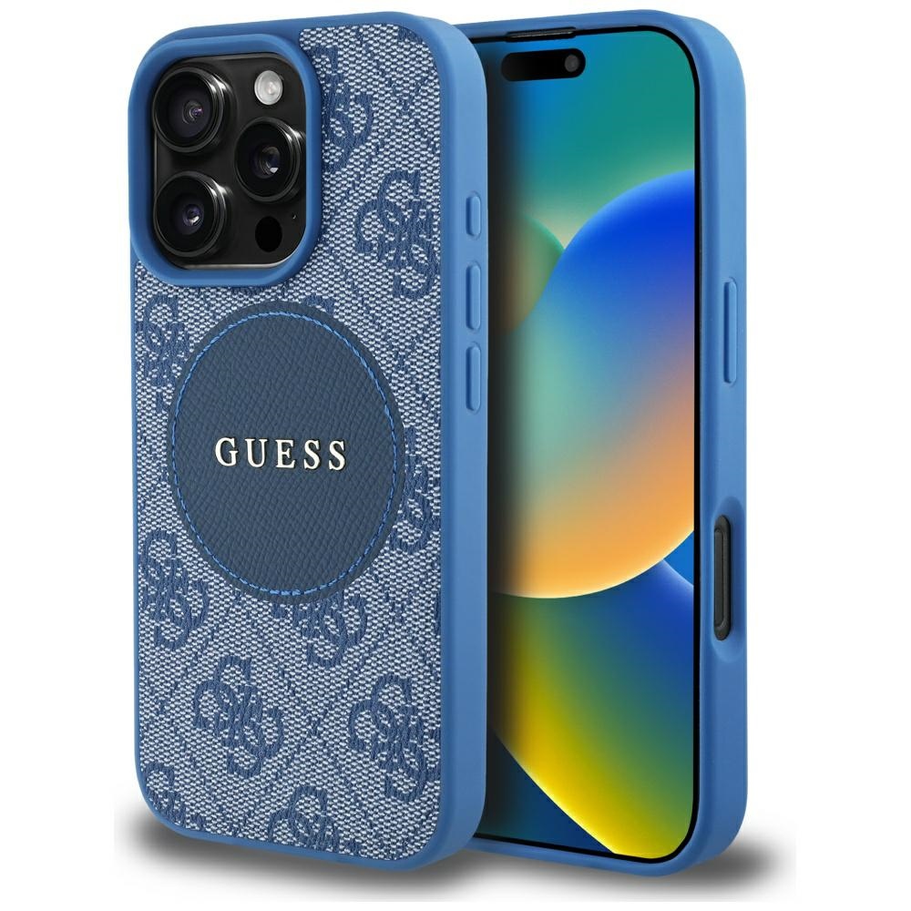 Guess HC MagSafe PU 4G Circle Classic Logo Suojakuori iPhone 16 Pro Max:lle - sininen