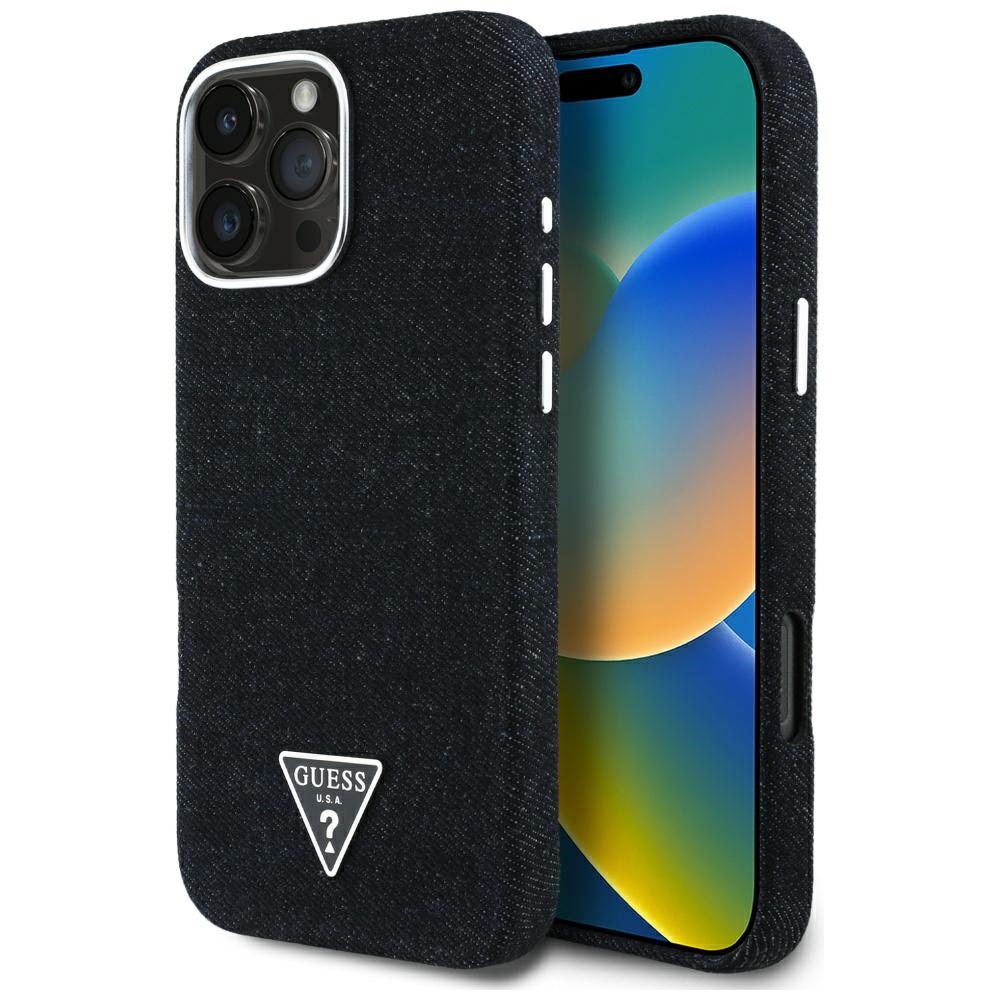 Guess Denim Triangle Logo MagSafe Suojakuori iPhone 16 Pro:lle - musta