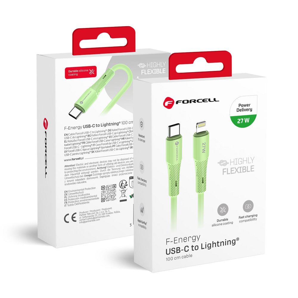 Kaapeli USB C - Lightning Forcell F-Energy PD 3A 27W Silikoninen 1 m C346 vihreä