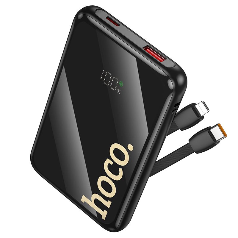 Hoco Q37 -varavirtalähde 10000 mAh QC PD 22,5W sisäänrakennetuilla kaapeleilla USB-C + Lightning, musta