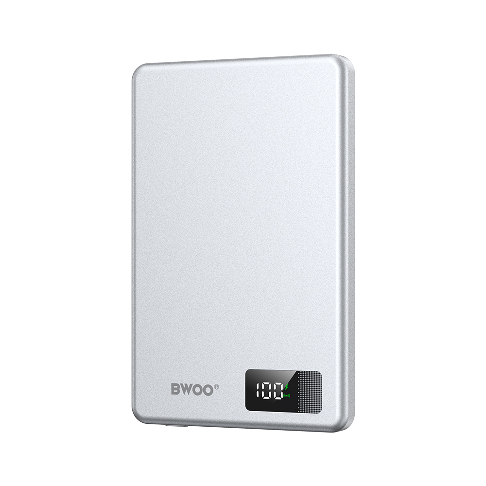 BWOO alumiini Magneettinen varavirtalähde P75 PD 20W 5000 mAh digitaalinäytöllä ja USB-C-portilla hopeinen