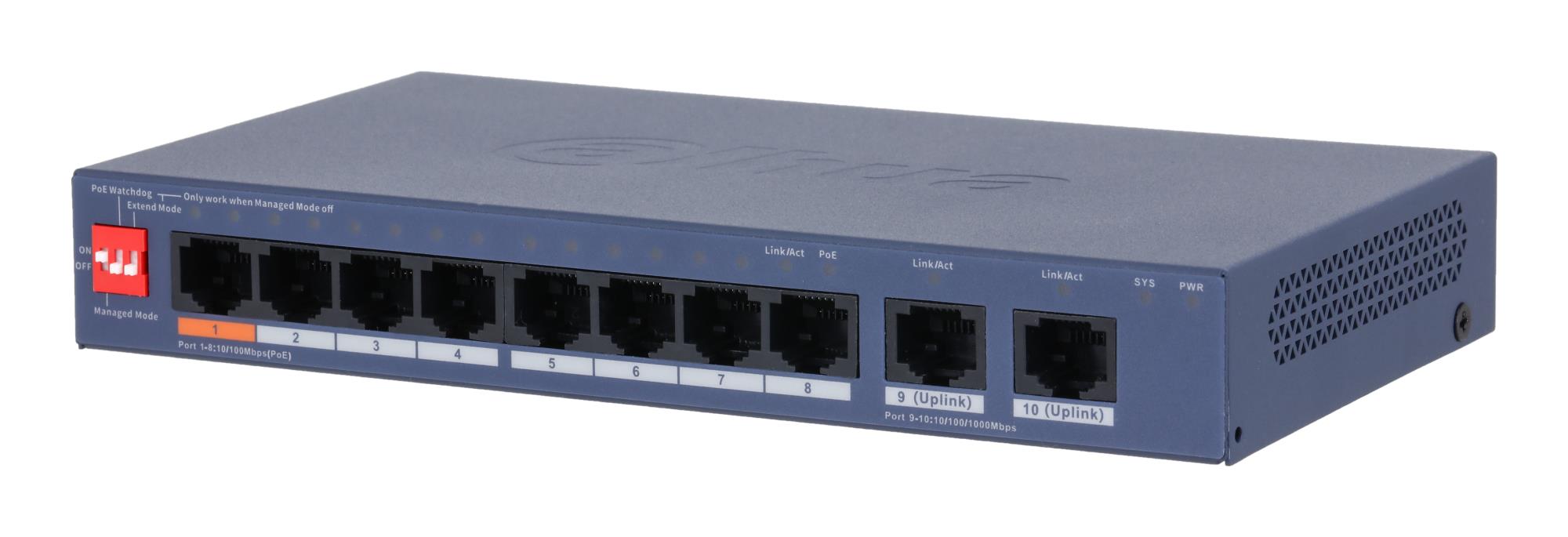 Dahua CS4010-8ET2GT-60 L2-kytkin, 8x RJ-45 Fast Ethernet (10/100), 2x Gigabit Ethernet (kupari), 8 PoE-porttia, PoE-budjetti 60 W, DH-CS4010-8ET2GT-60