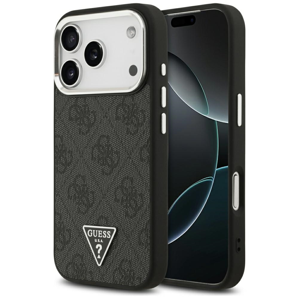 Guess MagSafe 4G PU Nahkainen Suojakuori Triangle Logo ja Hopeinen Metallikehys iPhone 17 Pro:lle - Musta