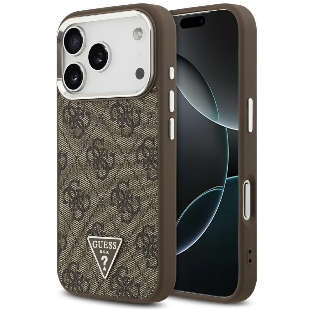 Guess MagSafe 4G PU Nahkainen Suojakuori Triangle Logo ja Hopeinen Metallikehys iPhone 17 Pro:lle - Ruskea