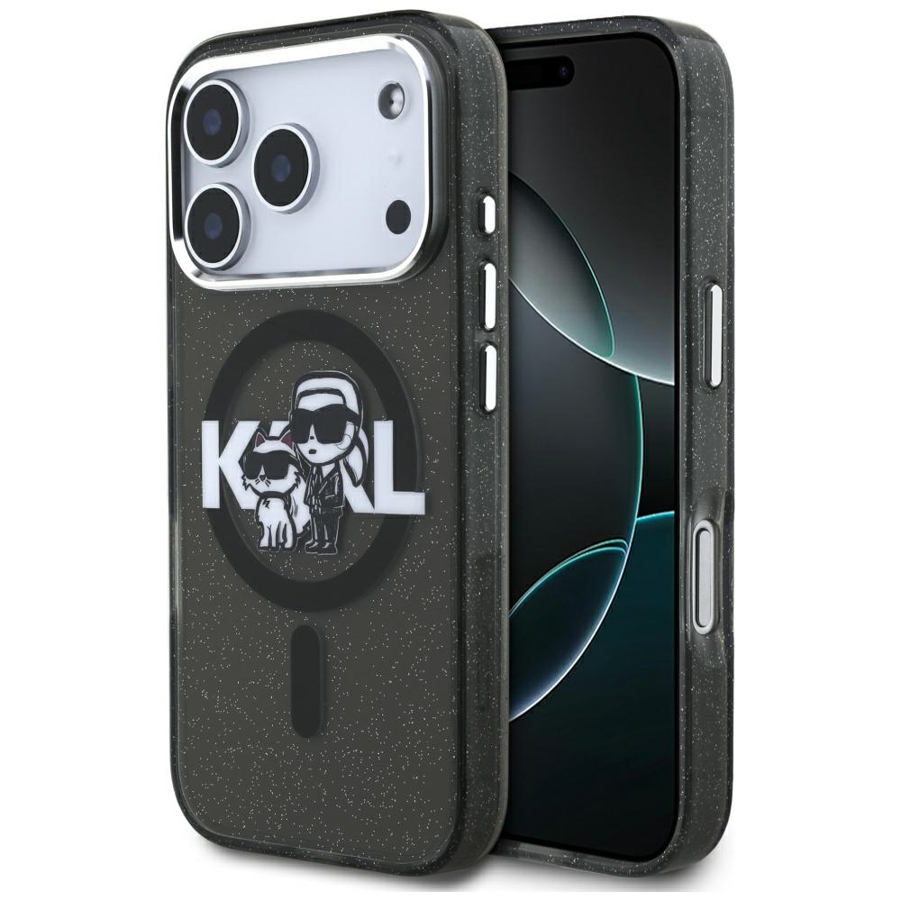 Karl Lagerfeld suojakuori Magsafe IML glitter metallisella kamerakehyksellä ja -näppäimillä Karl and Choupette sketch -logolla iPhone 17 Pro:lle musta