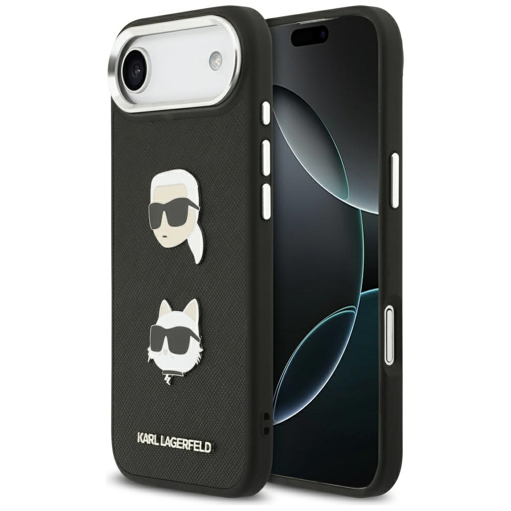 Karl Lagerfeld FW Grained Karl & Choupette Heads Pins & Logo suojakuori iPhone Air:lle musta