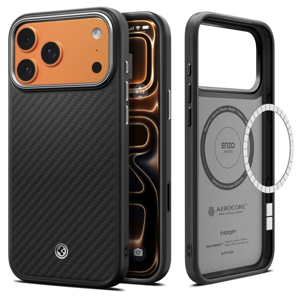 Spigen Enzo Aramid T Mag Magsafe Suojakuori iPhone 17 Pro:lle musta/hopeinen