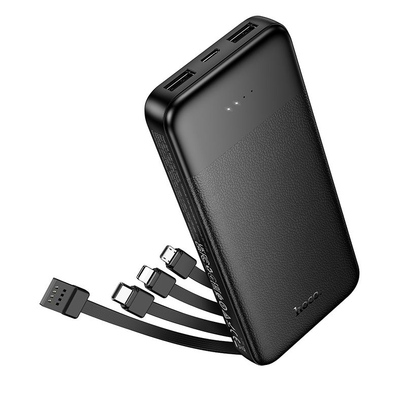 Hoco J163 -varavirtalähde 10000 mAh 2A neljällä sisäänrakennetulla kaapelilla USB-A + USB-C + Lightning + Micro USB, musta