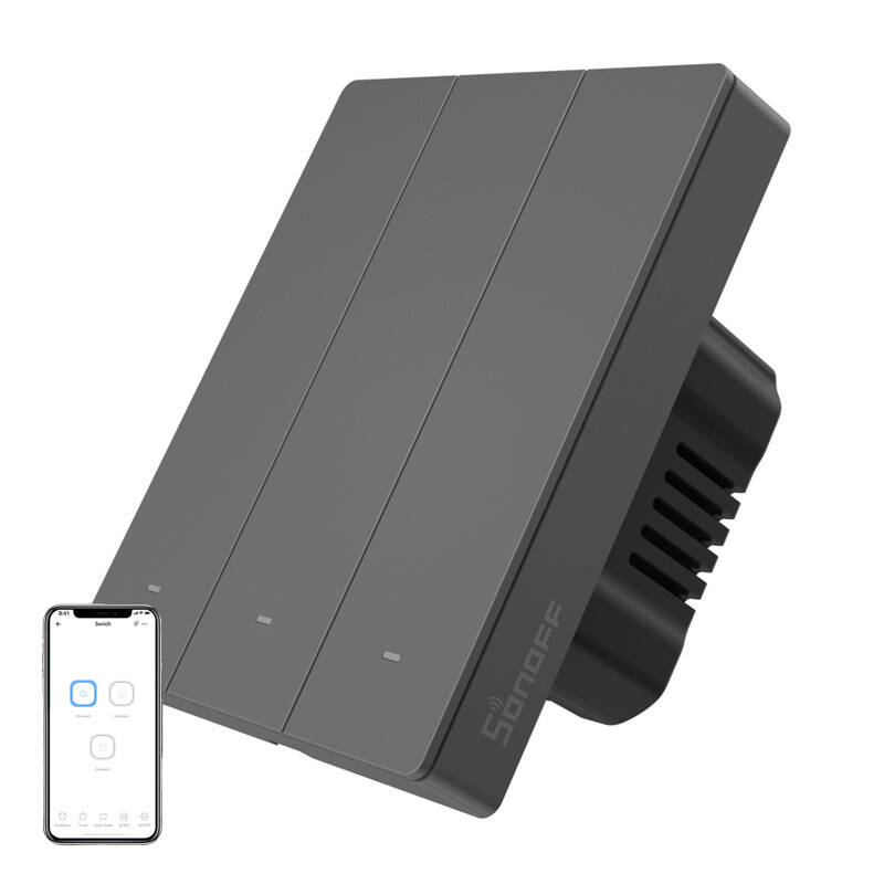 SONOFF M5-3C-80 älykäs Wi-Fi-seinäkytkin (3-kanavainen, kehykseen, grafiitti)