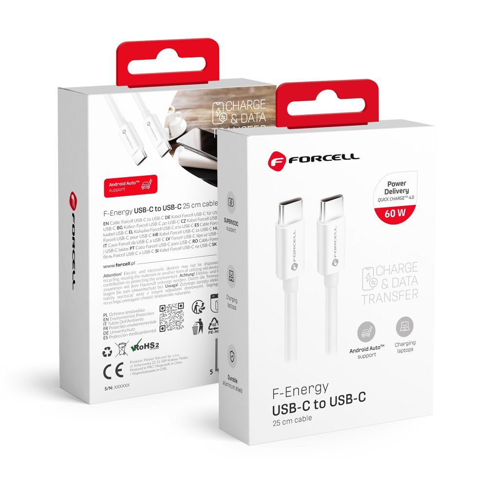 Kaapeli USB C - USB C Forcell F-Energy QC4.0 PD 3A 60W 0,25 m C338 valkoinen