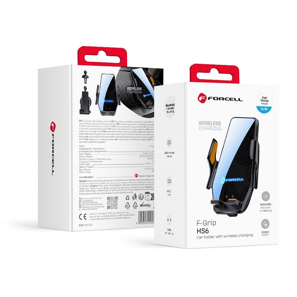 Langaton auton puhelinteline Forcell F-Grip HS6 15W tuulilasi / ilmakanava musta