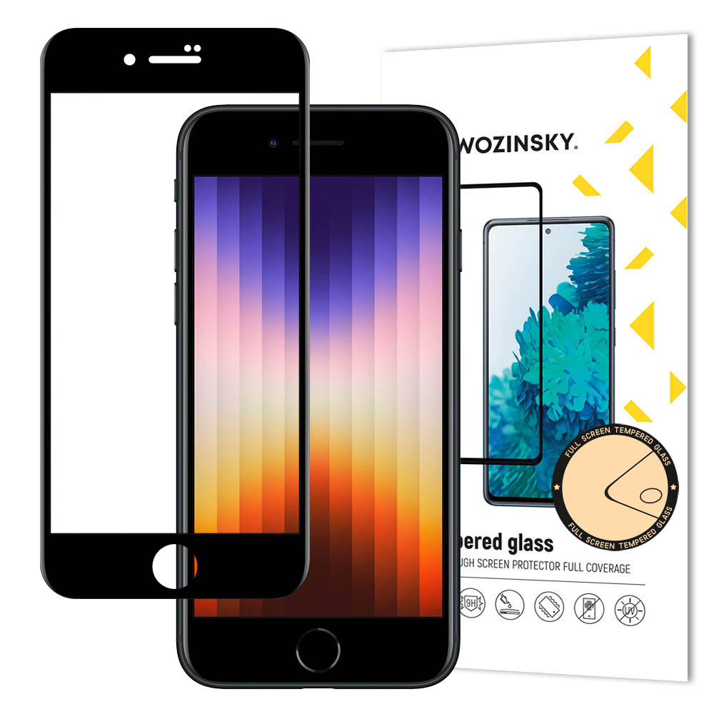 Wozinsky Super kestävä täysi liima karkaistua lasia koko näytön kehys asia ystävällinen iPhone SE 2022 / SE 2020 / iPhone 8 / iPhone 7 musta