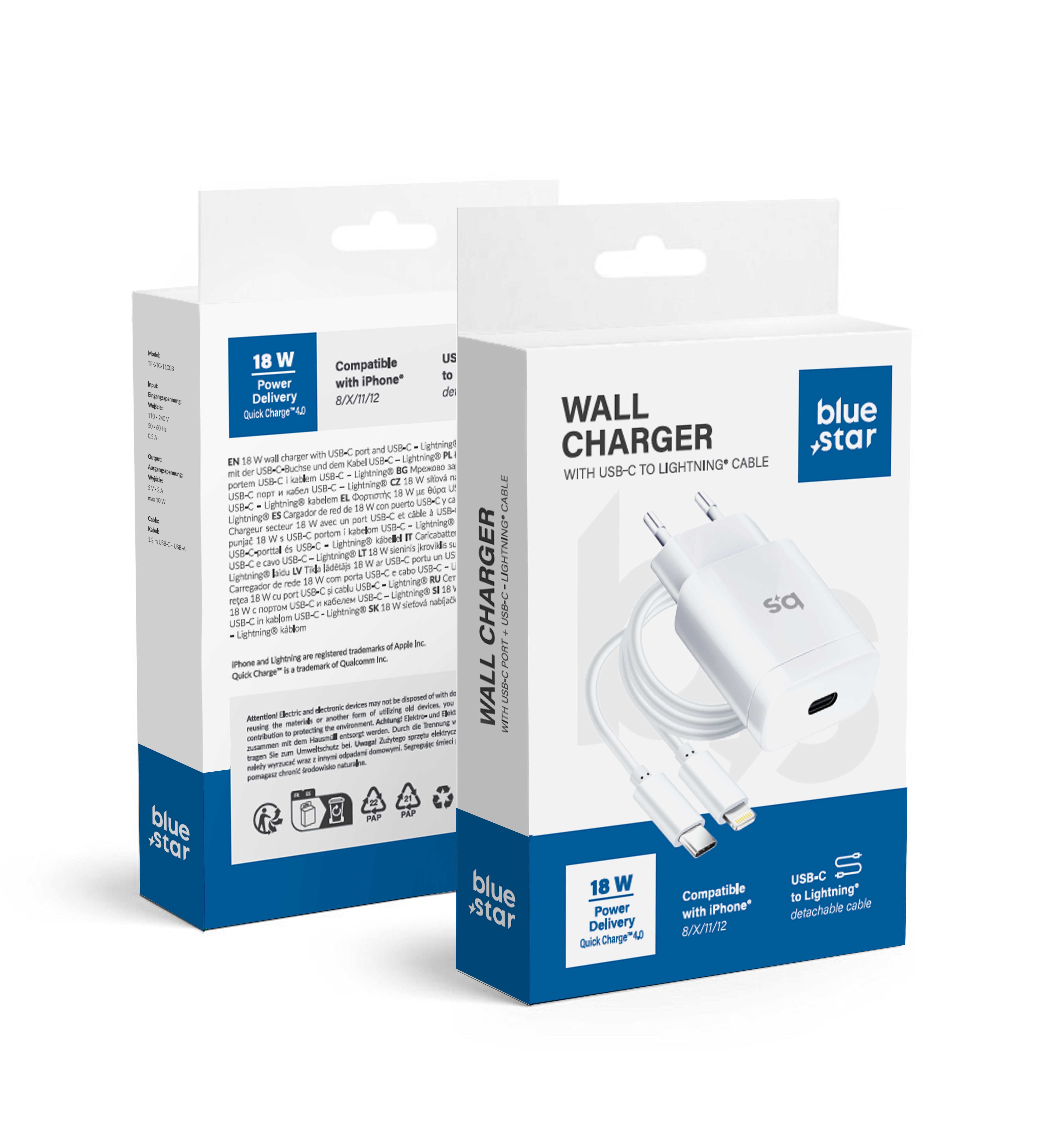 Puhelinlaturi Blue Star USB C QC4.0 PD 3A 18W + kaapeli USB C - Lightning TFK-TC-1099C valkoinen