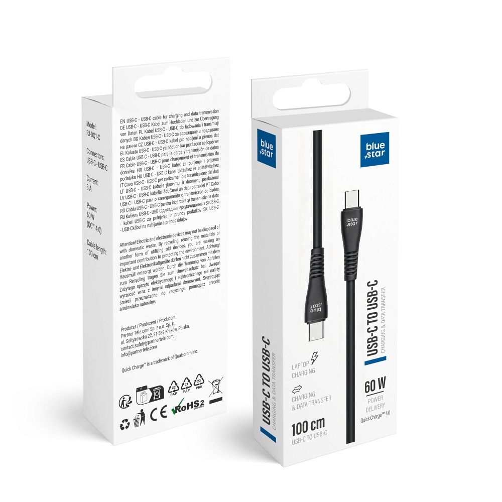 Kaapeli USB C - USB C Blue Star 3A 60W QC4.0 1 m PJ-DQ1-C musta