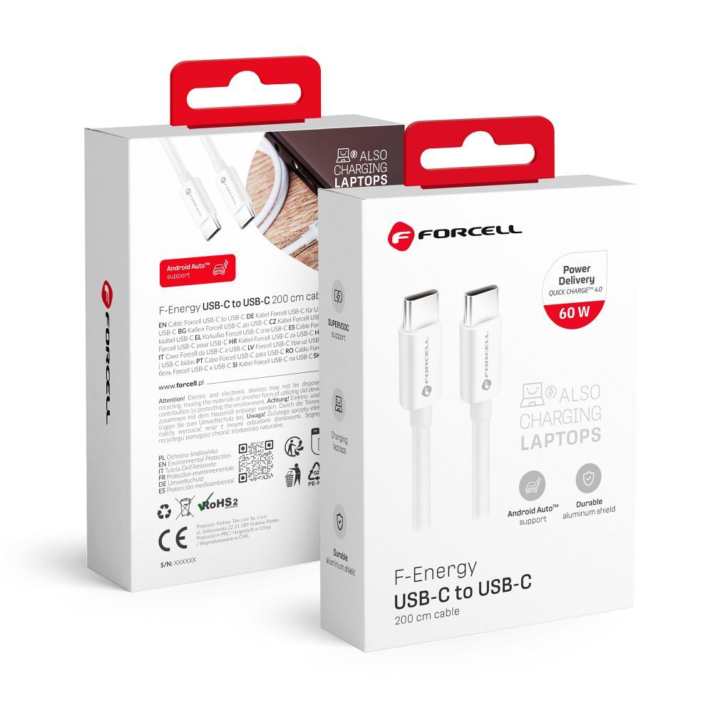 Kaapeli USB C - USB C Forcell F-Energy QC4.0 PD 3A 60W 2 m C338 valkoinen