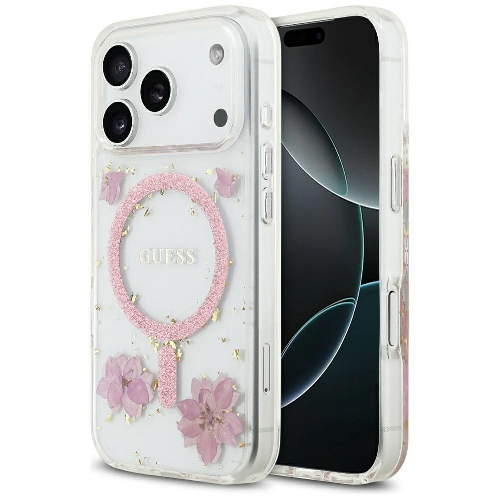 Guess Resin Flowers Glitter MagSafe -kuori iPhone 17 Pro pinkki