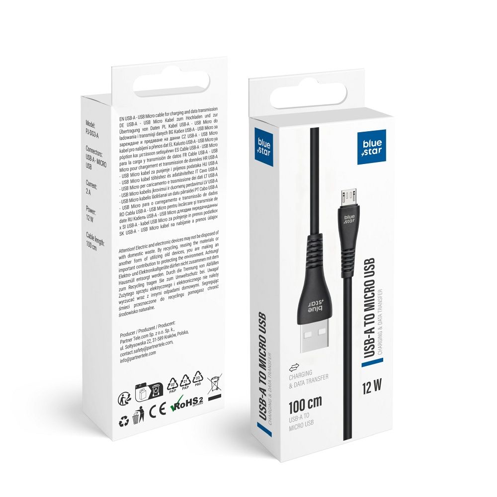 Kaapeli USB A–Micro USB Blue Star 2A 12W 1 m PJ-DG3-A, musta