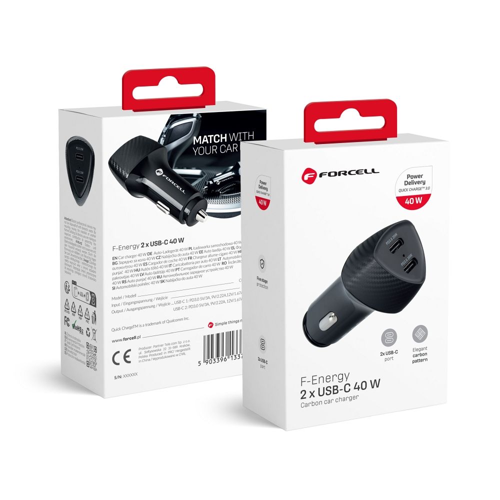Autolaturi Forcell F-Energy Carbon 2 x USB C QC3.0 PD 3A 40W CC50-2C musta